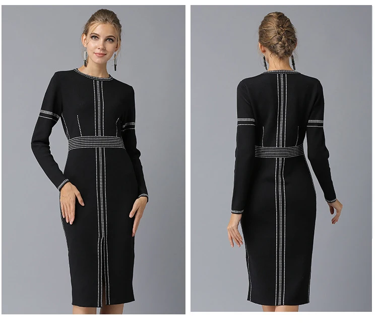 New Women Europe and the United States small Hong temperament wild little black dress long-sleeved backing knit dress tide (4)