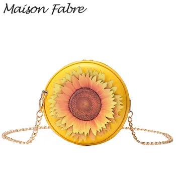 

Maison Fabre bag women Leather Crossbody bag chain cute sunflower print Handbags Vintage Round bag 2019 ladies Zipper Handbag
