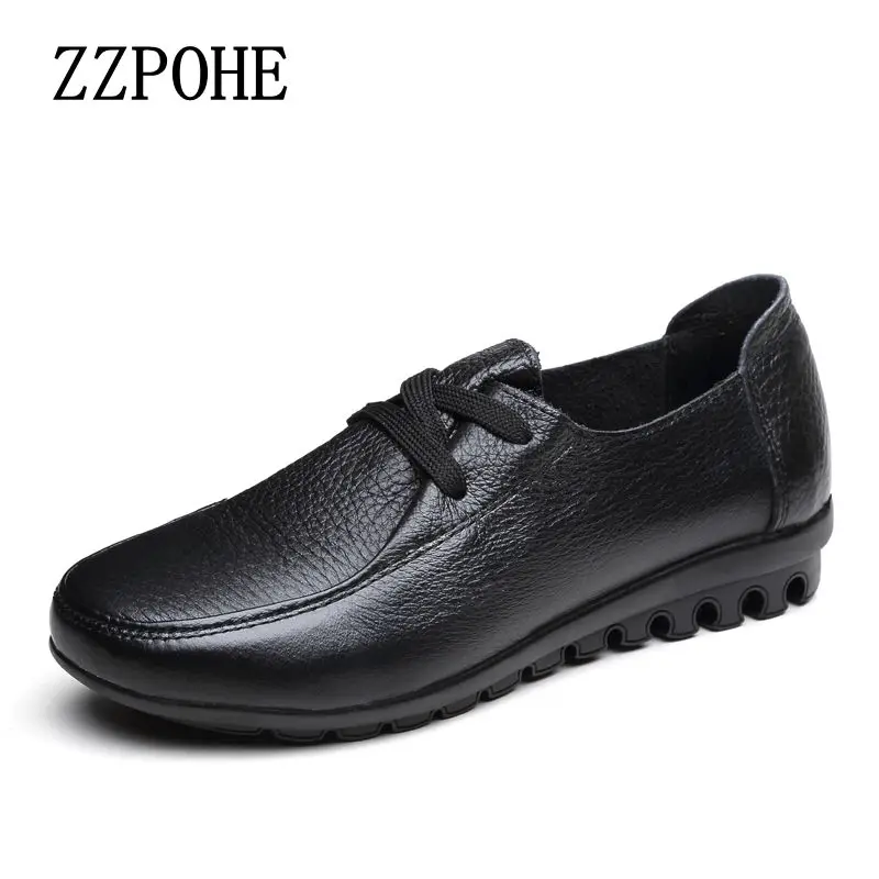 Goede ZZPOHE Lente herfst nieuwe lederen damesschoenen mom leisure comfortabele zachte zolen lace gratis platte bodem oma schoenen