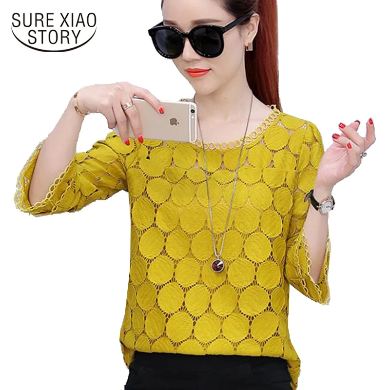 

2017 new summer flare sleeve plus size lace women clothing top shirt casual solid hollow out spliced women blouse blusas 905E 30