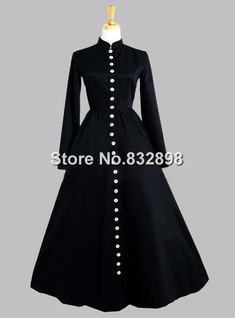 Botão na Parte da Frente da Era Vestido de Seda Gótico Preto Vitoriana Tailandesa 2 High Quality Moda Feminina