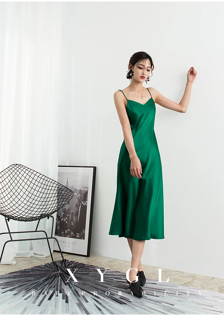 Cakucool Summer Satin Slip Dress Spaghetti Strap Vintage Slim Vestido Brief Elegant Beach Mid Long Silk Dresses Sundress 5color