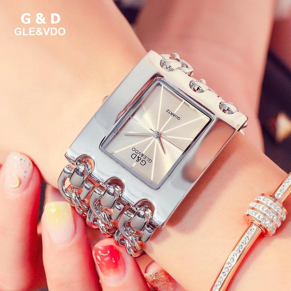

G&D GLE&VDO Clock Women Luxury Style Rectangular Case Female Quartz Wristwatch Triple Chain Bracelet Ladies Watch zegarek damski