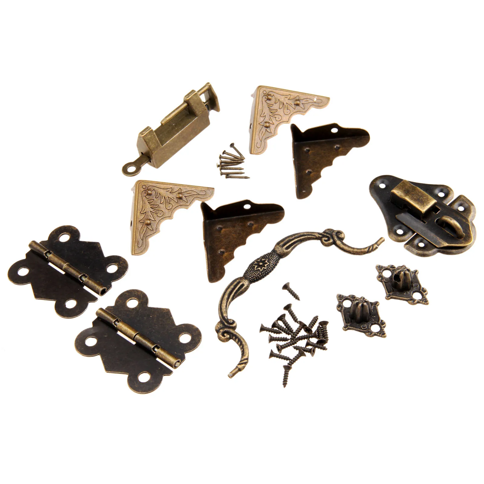 9Pcs/set Furniture Hardware Chinese Brass Hardware Antique Wooden Box Latch Hasp+Pull Handle+Hinges+Corner Protector+Old Lock