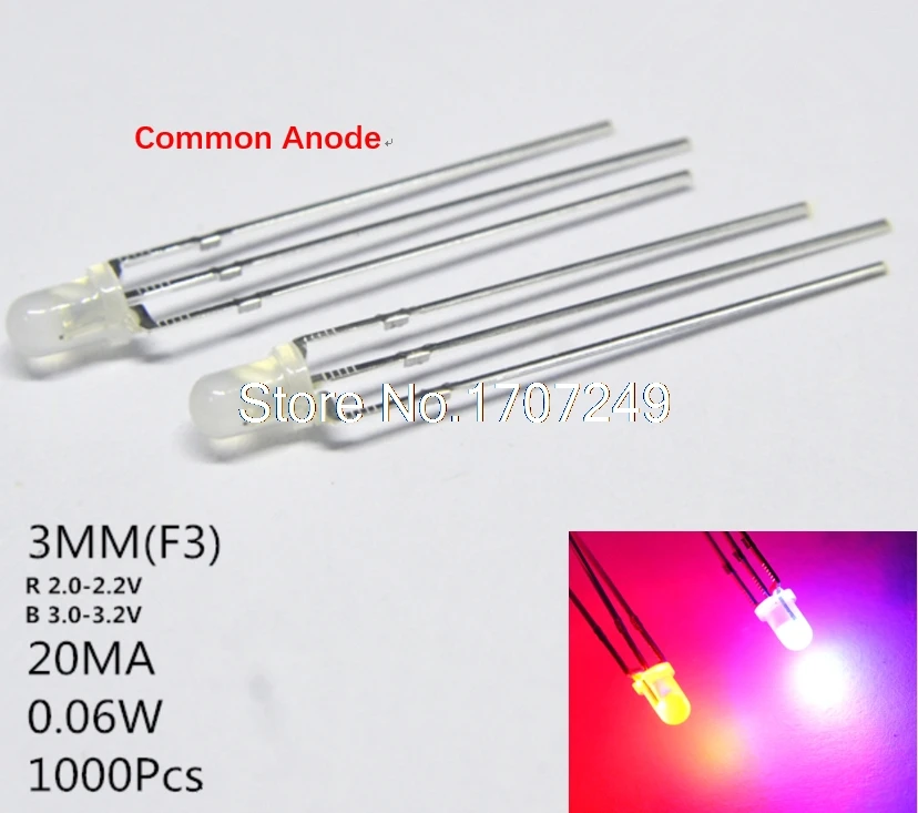 1000 шт. общий анод 3 мм светодиодный диода светло-красный и синий матовый Круглый Bi Цвет 3Pin 3 мм двойной цвет светодиод