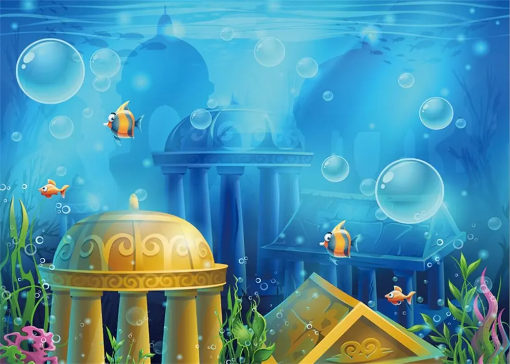 

Undersea World Backdrop Golden Castle Bubble Blue Sea Backdrops for Photography Fish Plants Summer Ocean Portraits
