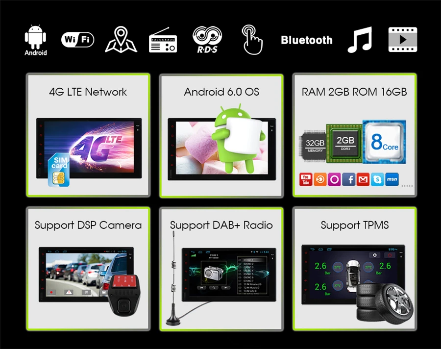 Discount 2 DIN Universal Car Radio player New 4 Core Android 6.0 Car Multimedia Player 2G RAM 16GB ROM Support 4G LTE SIM Car GPS Wifi 3