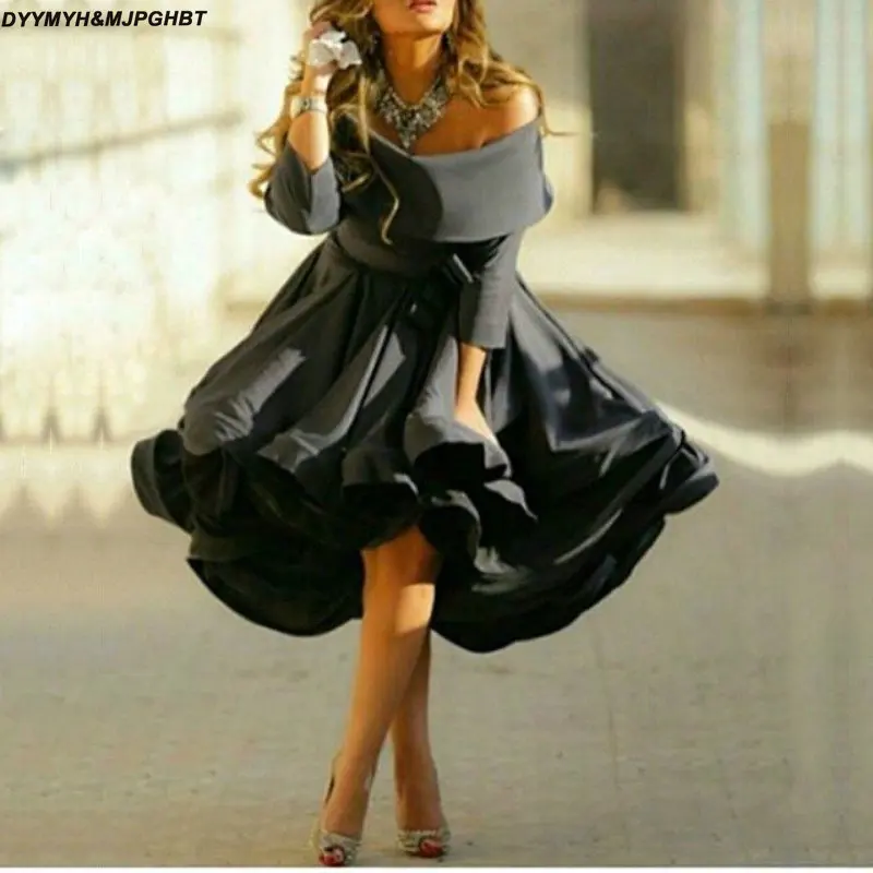 

2018 New Black Off the Shoulder Short Prom Dress Satin Three Quarter Formal Gowns Women Evening Dresses