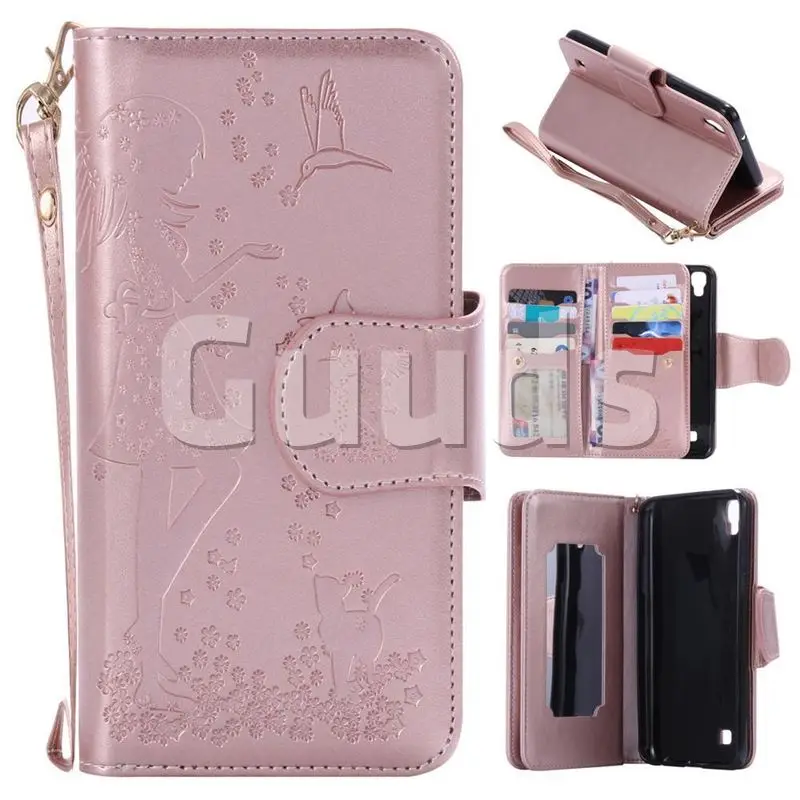 Embossing Cat Girl 9 Card Leather Wallet Case for LG X Power LS755 K220DS K220 US610 K450 - Rose Gold