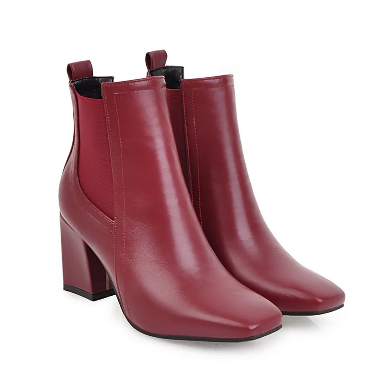 

YMECHIC Hoof Heels Wine Red White Black Boots Booties 2018 Woman High Block Heel Shoes Square Toe Chelsea Ankle Boots for Women