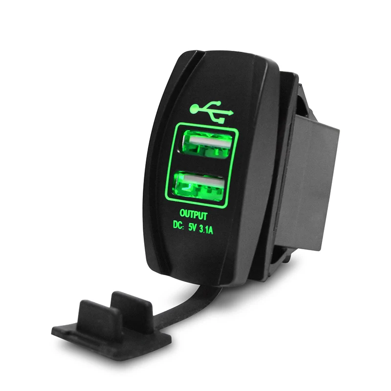 Car Dual USB Charger Cover for Motorcycle Auto Truck ATV Boat 12V-24V LED Dual USB Socket Mount Charger Power Adapter - Color: Green