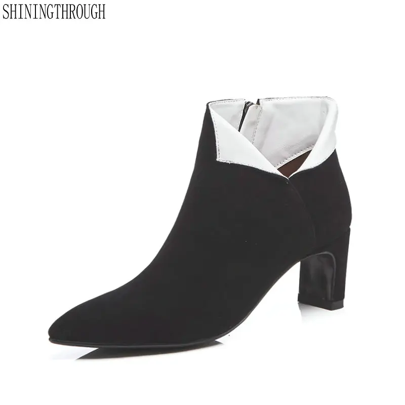 

New genuine leather women high heels boots poined toe office ladies dress shoes woman tured-over edge ankle boots woman