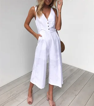 

Wontive Summer 2019 Hot Sale Cotton Button Pocket Jumpsuit Deep V-neck Nine-point Jumpsuit Bodysuits