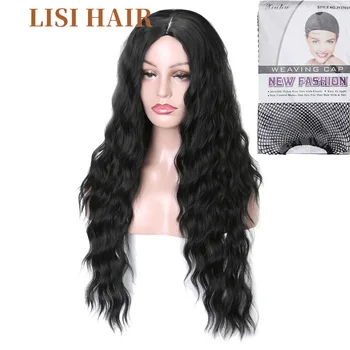 LISI HAIR Pure Red Black Color Long Water Wave Hairstyle Wigs For Women Synthetic Hair High Temperature Fiber Average Size 4