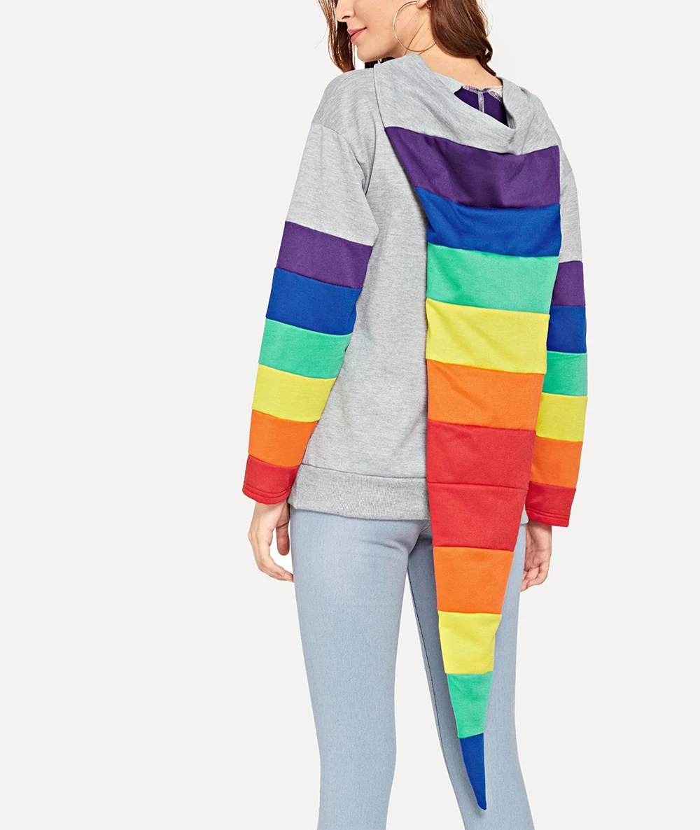 grey sweatshirt with rainbow stripes