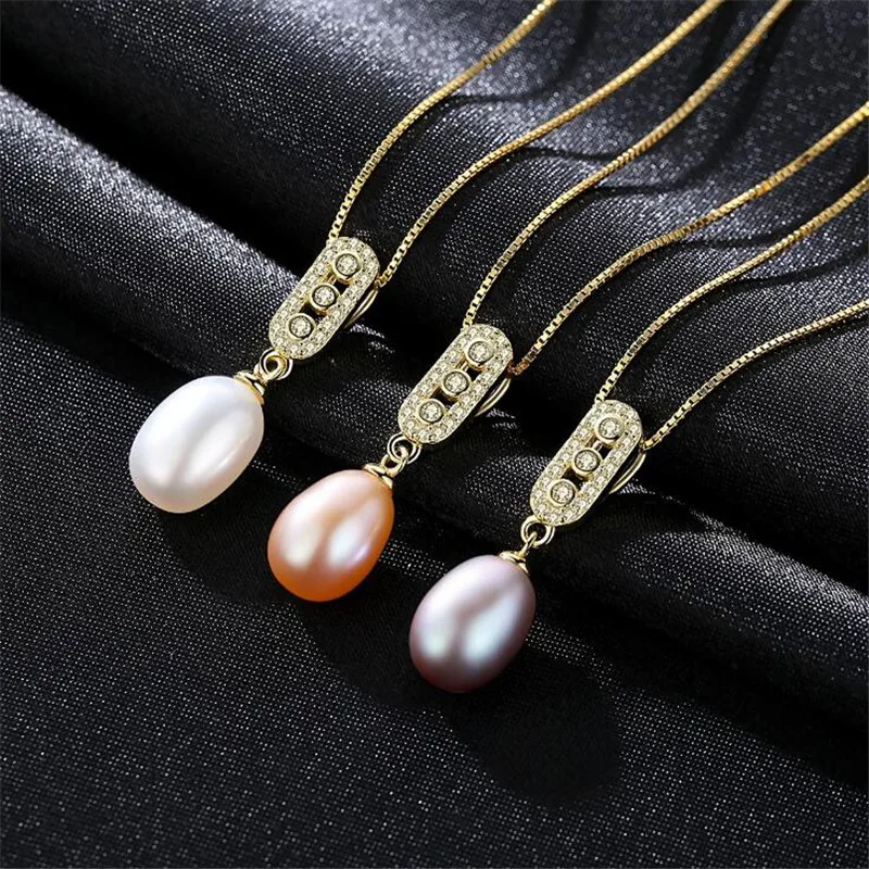 

925 Sterling Silver Pendant Necklace For Women Genuine Freshwater Pearl Necklace Jewelry 7-8mm Wholesale White Pink Purple