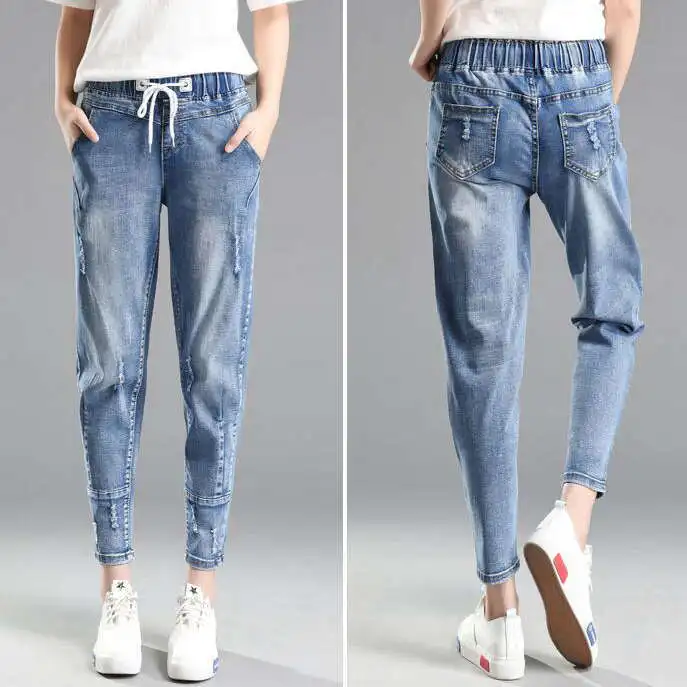 3103 джинсы-карандаш, дамские рваные джинсы с эластичной резинкой на талии, свободные модные брюки с потертостями, женские отбеленные брюки размера плюс