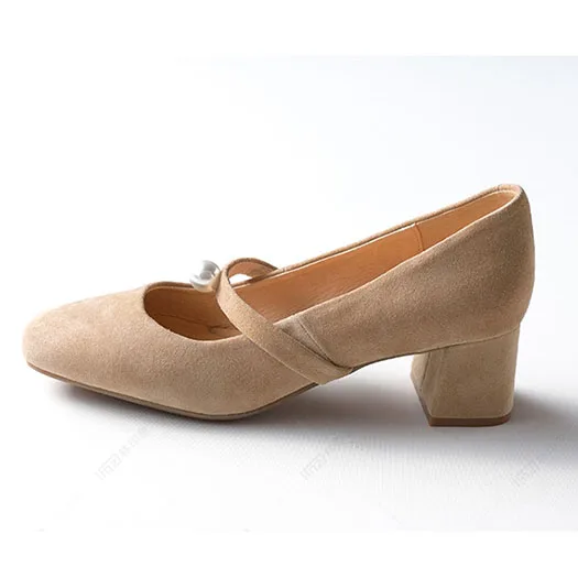 Элегантные женские туфли mary jane на среднем массивном каблуке с розовыми жемчужинами; Цвет зеленый; Осенняя обувь из натуральной замши с квадратным носком; Размеры 33 - Цвет: sand