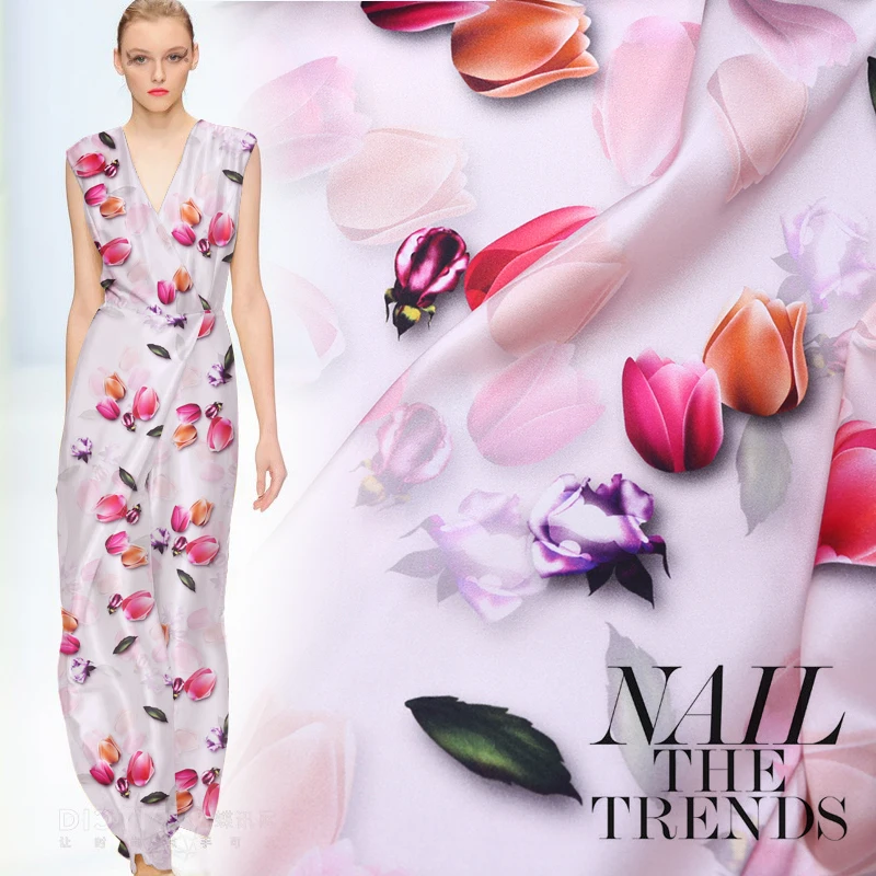 Юлан цветы цифровая живопись стрейч атласная шелковая ткань для летнего платья Базен riche getzner telas por metro tissus au metre