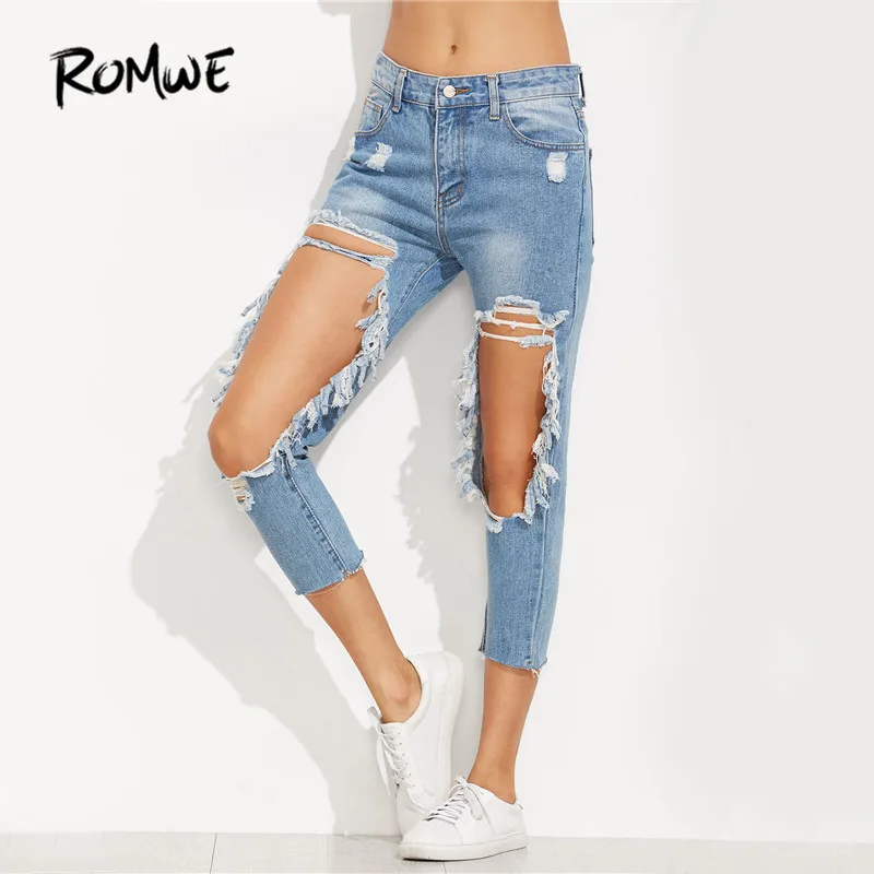 ROMWE экстремальные потертые укороченные джинсы женские синие с вырезами обтягивающие джинсовые штаны осень средняя талия сексуальная кнопка летают повседневные джинсы