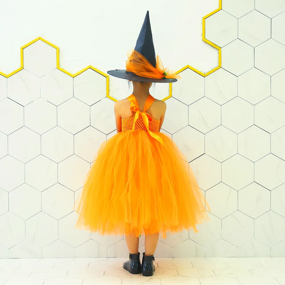 Orange Pumpkin Pattern Halloween Witch Outfit Tutu Dress Halloween Costumes for Teens Vampirina Birthday Mid Calf Flower Dress (18)