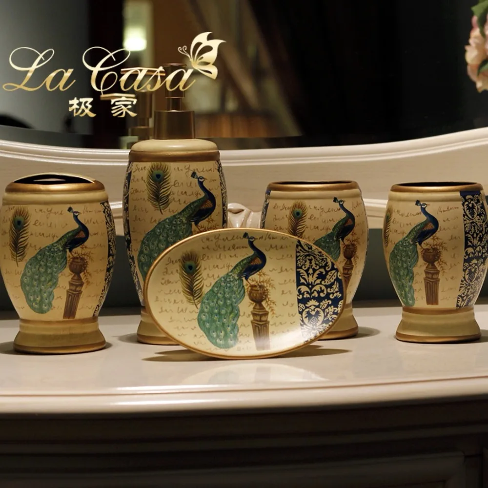 American exquisite ceramic ornaments five pieces peacock bathroom