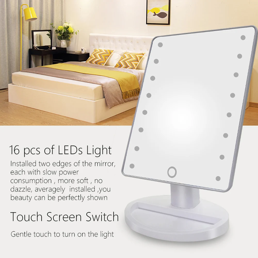 

High Quality 16 LED Light Makeup Mirror Rotatable Touch Dimmable Brightness Adjustable Girl Cosmetic Square Vanity Desk Stand