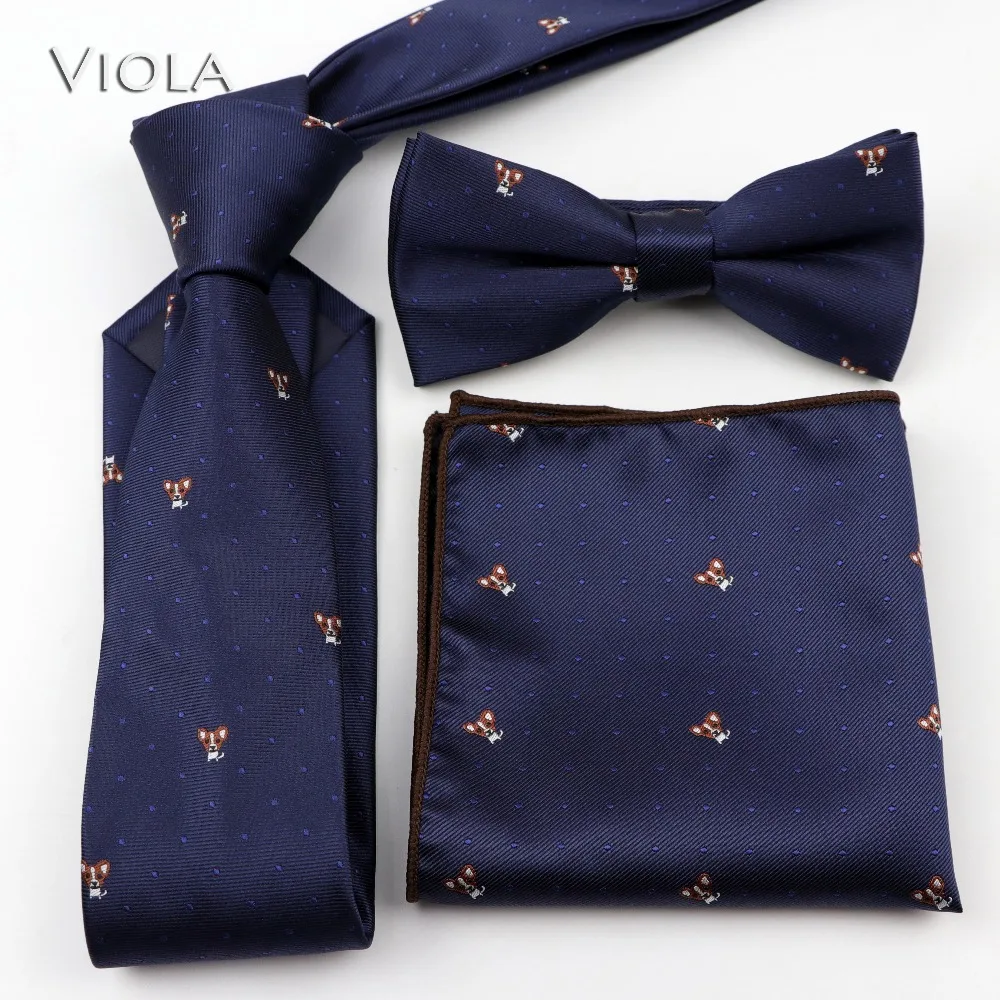 Lovely Corgi Teddy Doggy Jacquard Neck Tie Set 6cm Men Tie Butterfly Business Bowtie Hankie Pocket Square Accessory Gift