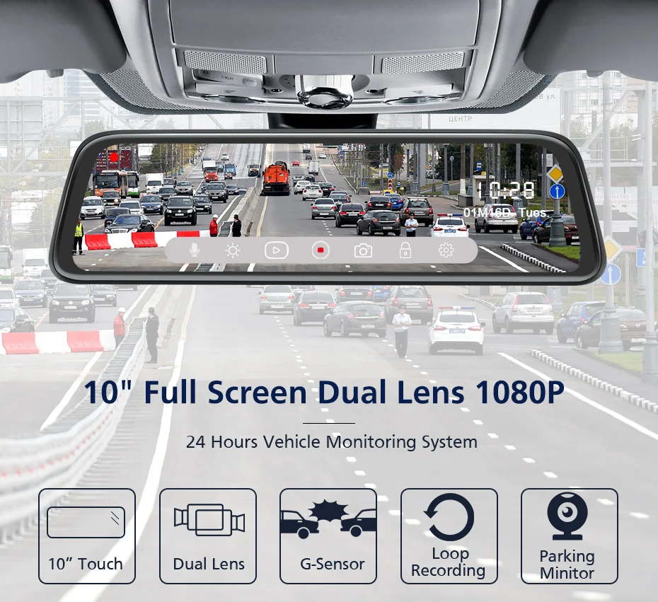 AWESAFE 10'' IPS Touch Screen 1080P Car DVR Dual Lens DashCam Parking monitor Rear view Mirror camera Driving Recording Recorder