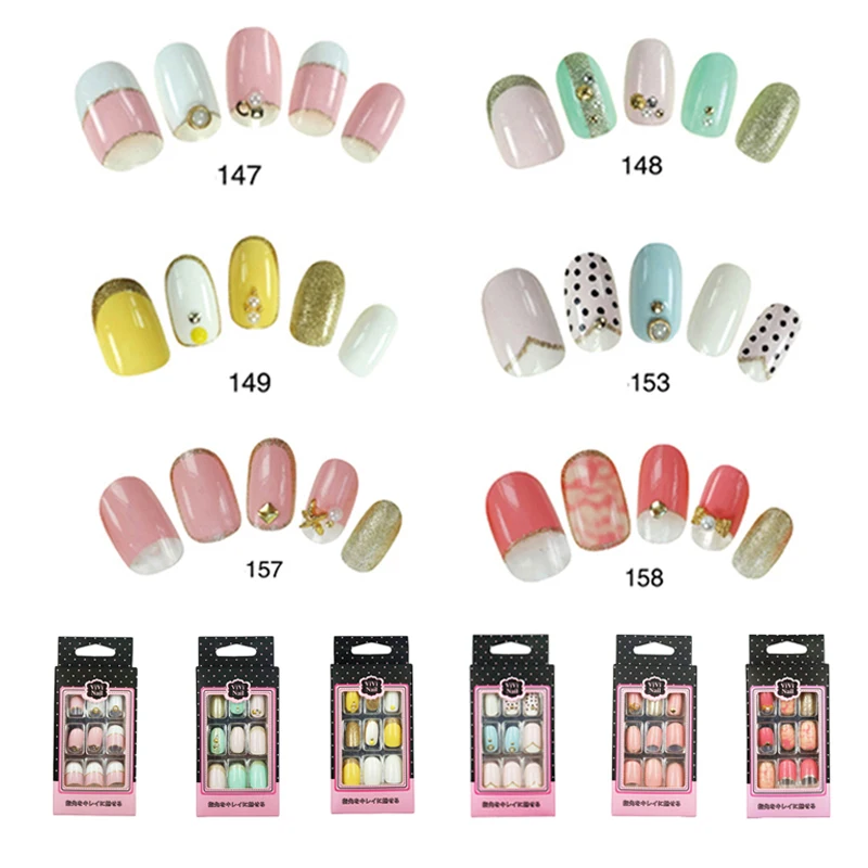 

Wholesale False Nails With Glue Full Cover Oval Fake Nail Tips Artificial UV Shinny Cheap False Nails 6 Designs
