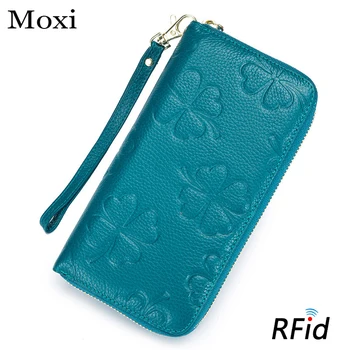 

New Women Wallet Purse Genuine Leather Female Money Bag Rfid Blocking 4 Leaves Style Clutch Bag Lady Wrist Phone Bag Card Case