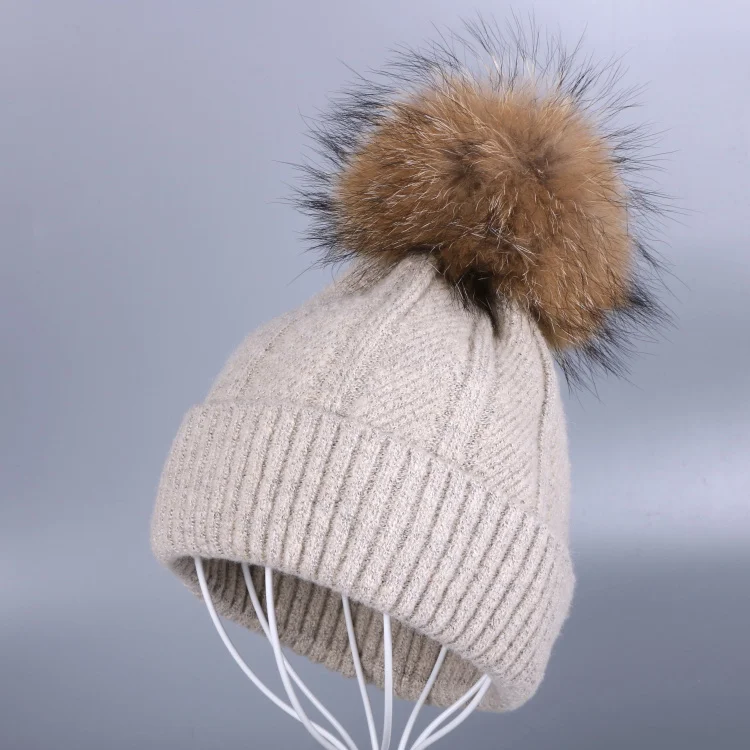 Женская кашемировая шерстяная зимняя шапка с натуральным мехом лисы, норки, помпоном, красивые брендовые зимние шапки, шапочки - Цвет: Mink pom beige hat