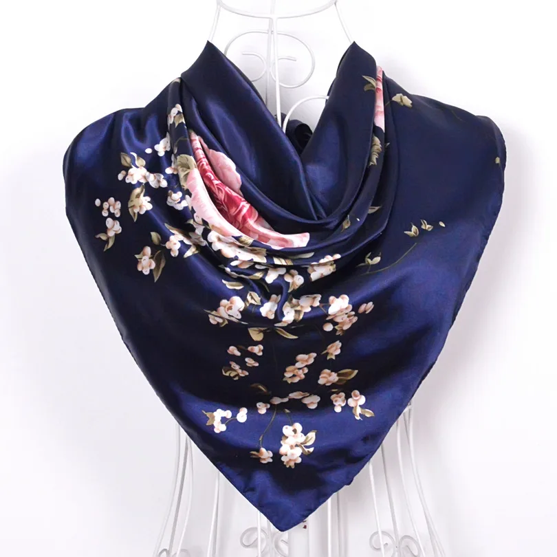 navy blue peony 350 Весна и осень женский атласный шарф, большой квадратный шарф с принтом, женский шарф, фиолетовый полиэстеровый шелковый шарф, шаль 90*90 см - Цвет: navy blue peony 350
