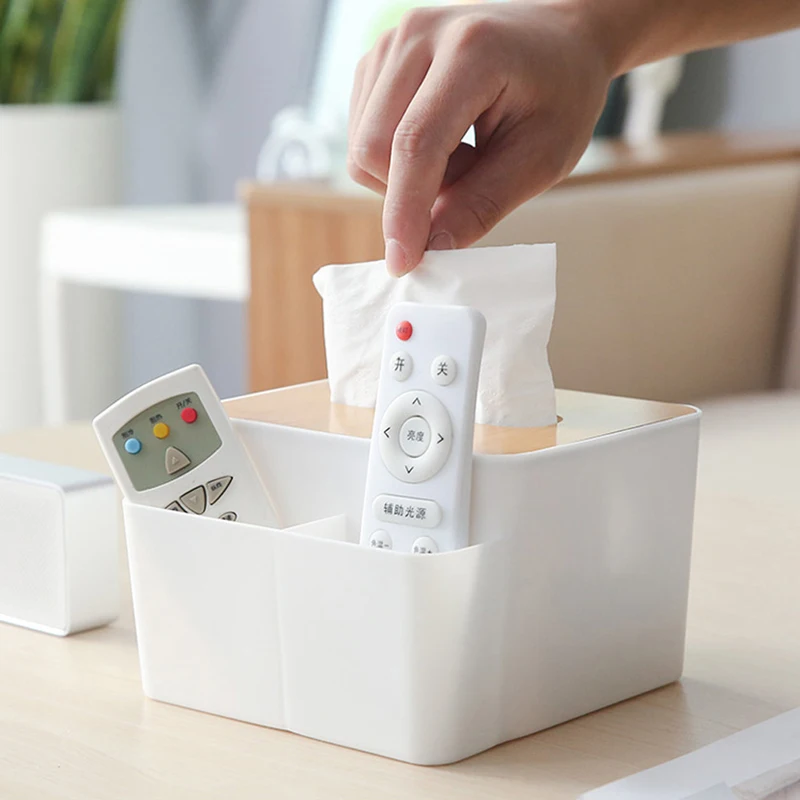 

050 Home Multi-function Storage Living Room Table Wooden Napkins Plastic Holder Case Desktop Simple Tissue Box 15.8*10*14cm