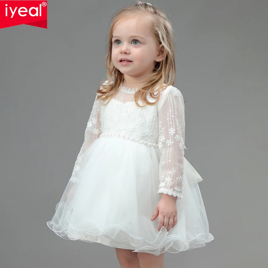 IYEAL/Новинка; платье принцессы для маленьких девочек; платье с длинными рукавами для дня рождения; элегантное платье цвета слоновой кости для крещения; vestido infantil