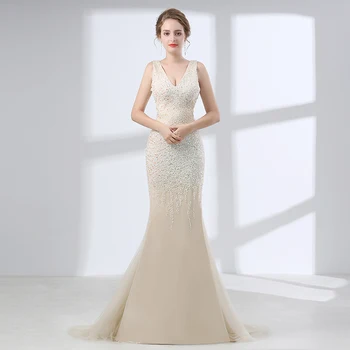 

Champagne Prom Dresses Mermaid V-neck Tulle Beaded Crystals Open Back Formal Long Prom Gown Evening Dresses Robe De Soiree