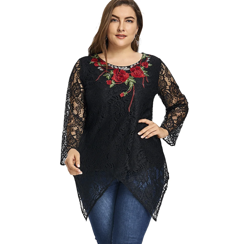Buy Plus Size Black Mesh Tops For Women Long Sleeve
