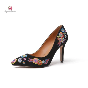 

Original Intention Kid Suede Shoes Woman Exquisite Embroider Black Pumps Women High Heels Pointed Toe Ladies Pumps Shoes 3-10.5