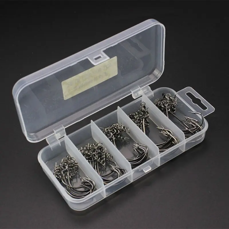 

OOTDTY 51 Pcs/set Crank Hook Lock Pin Set Spring Locked Pins Single Hook Soft Bait Hook Fishing Accessories With Box