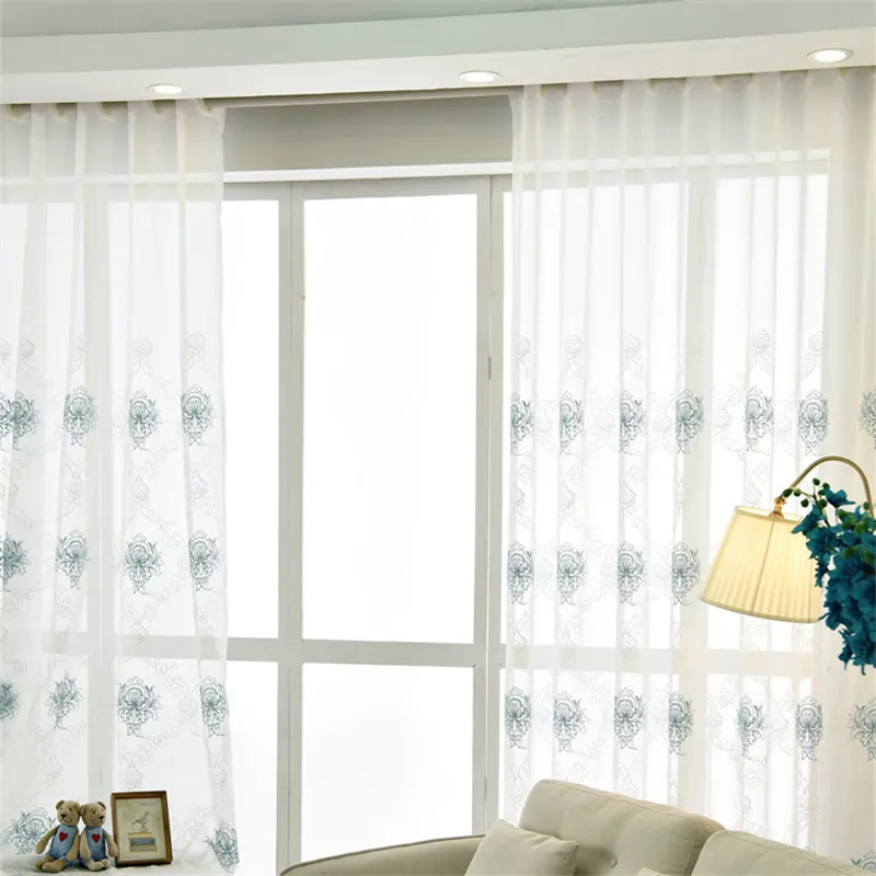 Cortina de tul europea para sala de estar dormitorio ventana tratamiento azul Floral bordado blanco puro gasa cortina tul FQ001D3 Cortina de tul europea para sala de estar dormitorio ventana tratamiento azul Floral bordado blanco puro gasa cortina tul FQ001D3