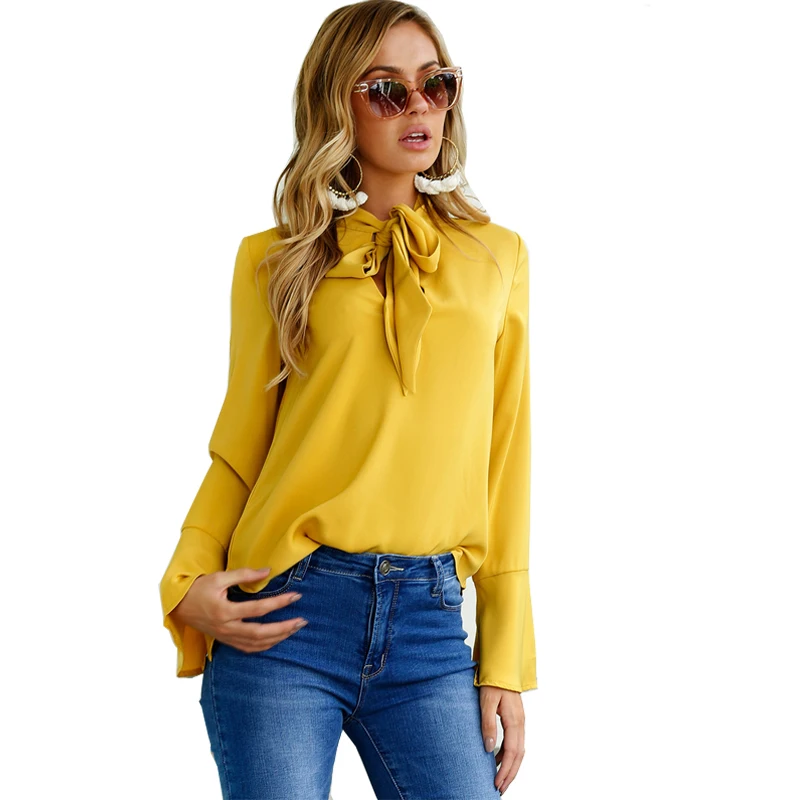 

2018 Autumn Flare Sleeve Chiffon Blouse Women Tops Elegant Causal Bow Tie Shirt Ladies Office Blouse Blusas Chemise Femme
