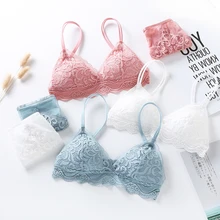 Женский бюстгальтер без косточек, набор французских кружевных бюстгальтеров для девочек, Треугольные чашечки, комплекты белья, хлопковое беспроводное нижнее белье, тонкий бесшовный бюстгальтер и трусики