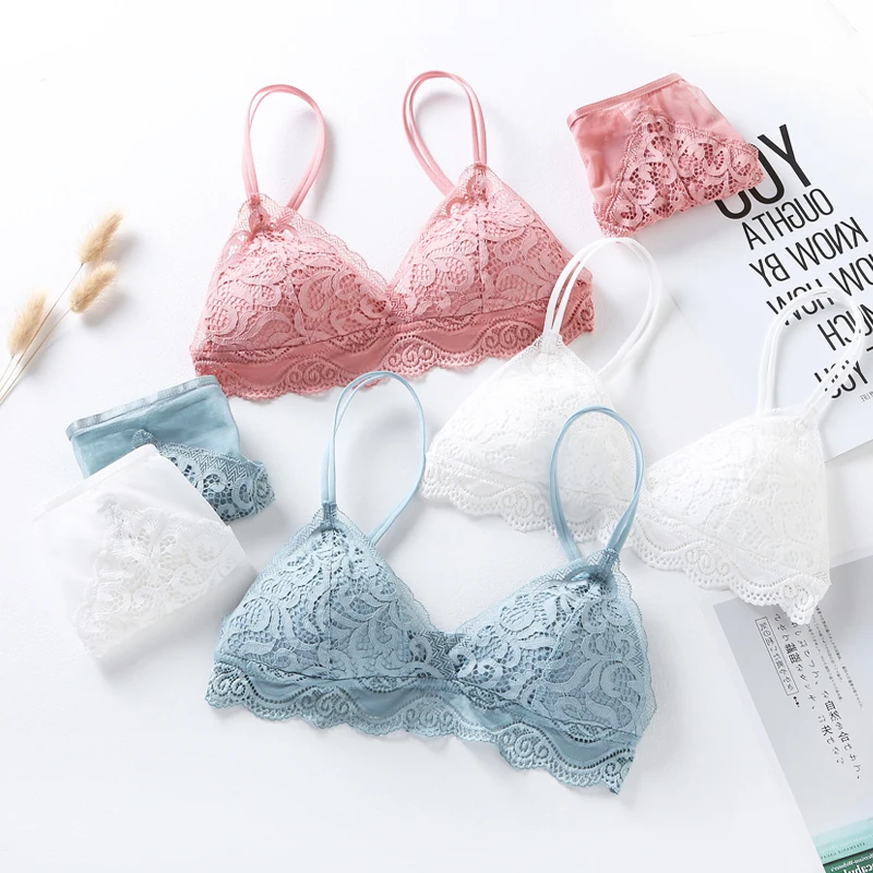 

Women Bralette sets French Lace Bra set Girls Triangle Cup Lingerie suits cotton Wireless Underwear Thin Seamless Bra & Brief