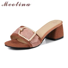 Meotina/Летняя обувь; сандалии; коллекция года; женские шлепанцы без задника; повседневные шлепанцы на Высоком толстом каблуке с жемчугом; разноцветная обувь; большие размеры 9, 42, 43; коричневый цвет