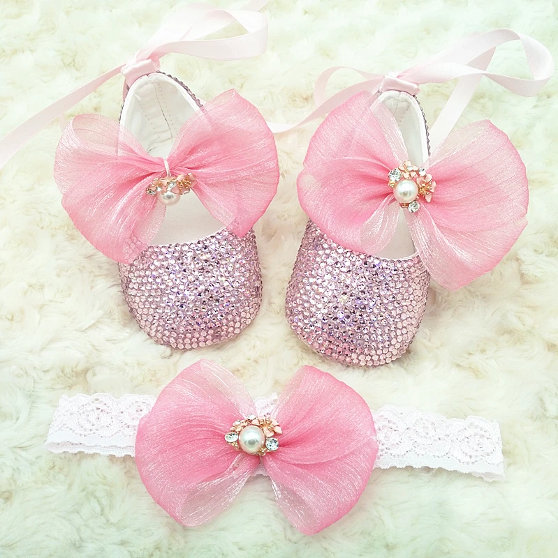 set of baby shoes moccasins headband crystal rhinestone tips bling baby