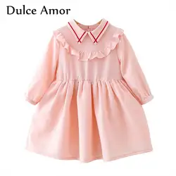 Dulce Amor Платье для девочек 2018 осень Новый Стиль Мода с оборками для девочек платье с длинными рукавами милое розовое платье принцессы Прямая