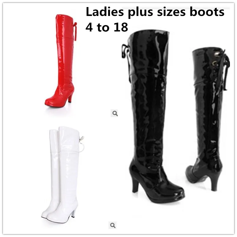 

Ladys big size 4-17 velvet waterproof patent leather Lace-up Motorcycle thin high heeled boots women shoes round toe knee boot