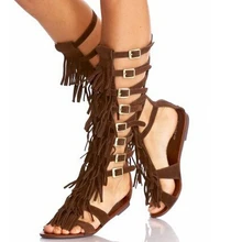Замшевые Кожаные сандалии-гладиаторы до колена с бахромой; женские сандалии на плоской подошве; босоножки из натуральной кожи с кисточками; bottes