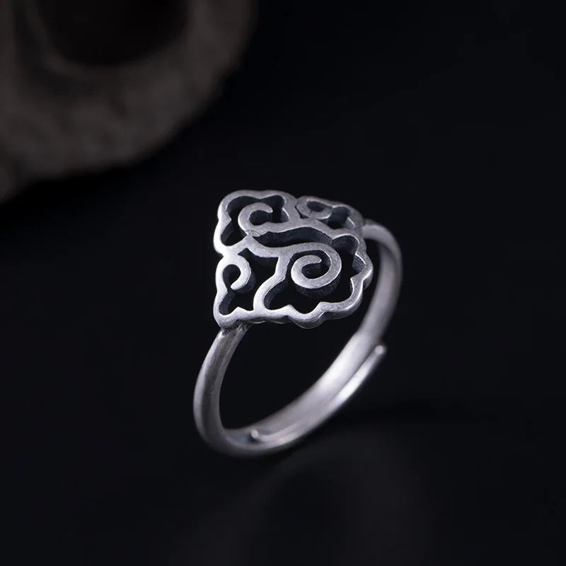 hollow flower Chinese ethnic silver rings woman S925 silver jewelry vintage open rings for women resize ring high quality