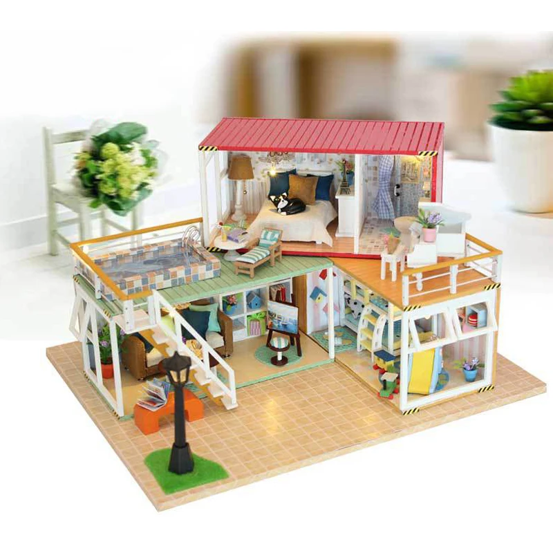 

DIY DollHouse Container Home Miniature With Furnitures LED Light Building Model Wooden Doll House Toys Gift YOUR NAME 13841A #D